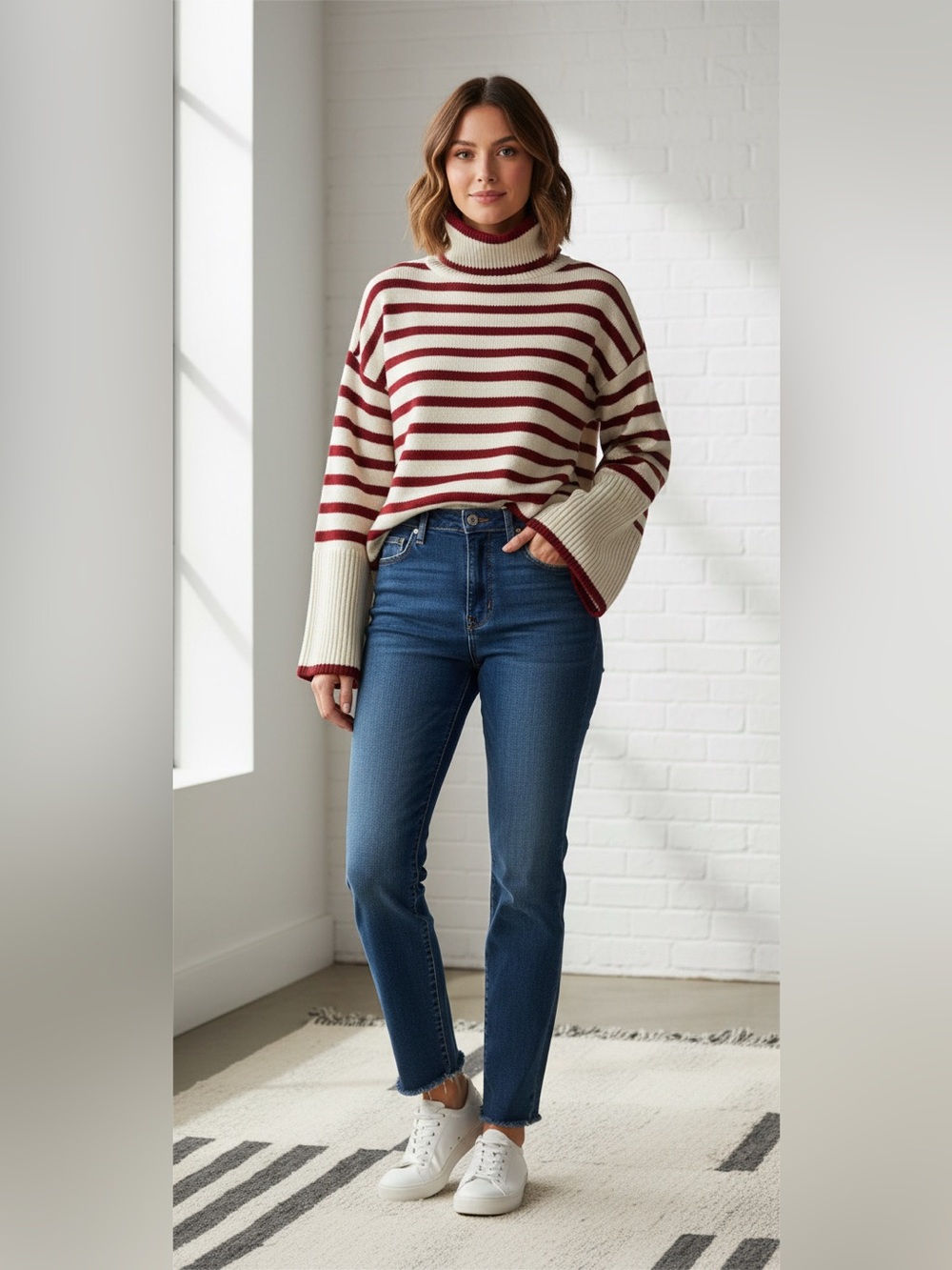 Toteme Cream and Burgundy Striped Turtleneck